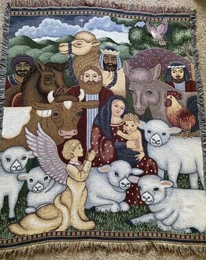 Vintage Christmas Nativity Tapestry Throw Blanket Christian Decor Religious